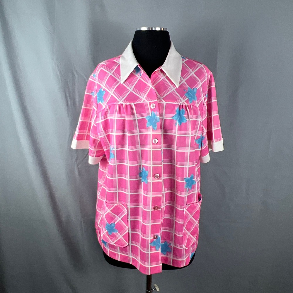 Vintage Andea Of New York Tunic Blouse Womens Pink Floral Patch Pocket Button Up